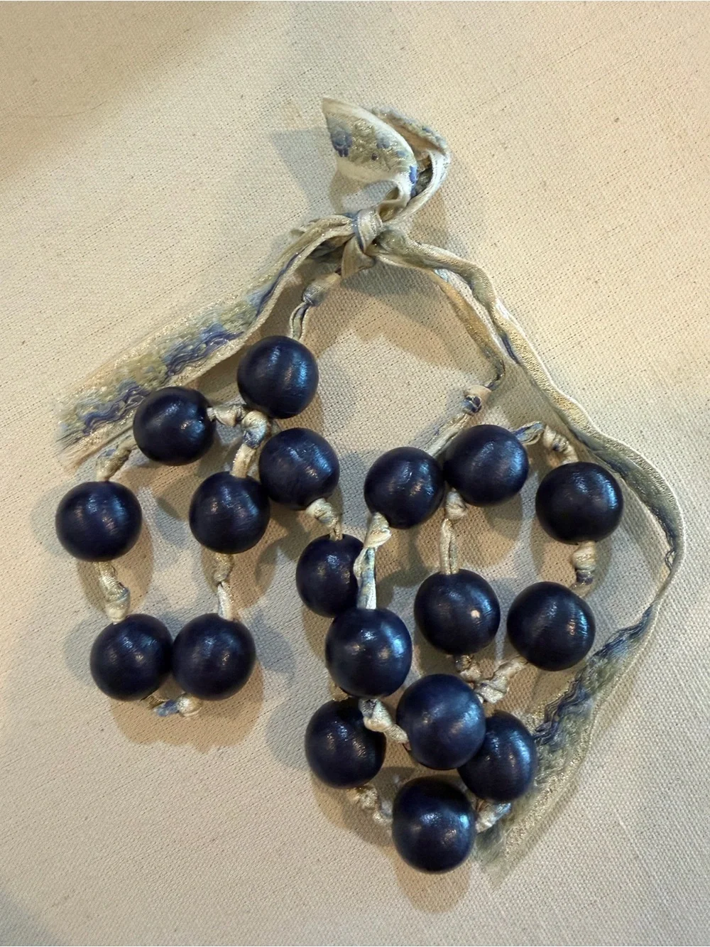 Handcrafted Navy Bead Tie Necklace with Ribbon